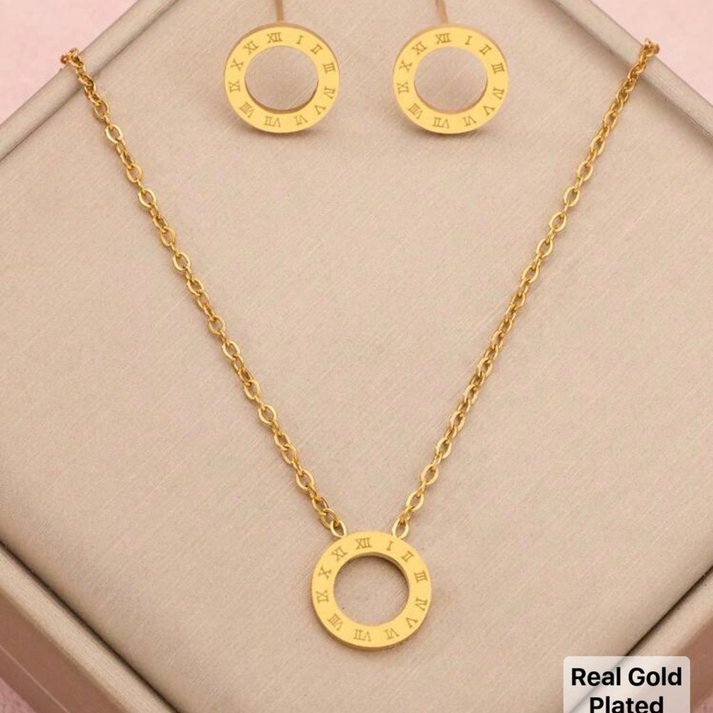 NWT 3pcs Roman Digital Ring Buckle Gold Color Stainless Steel Necklace Earrings